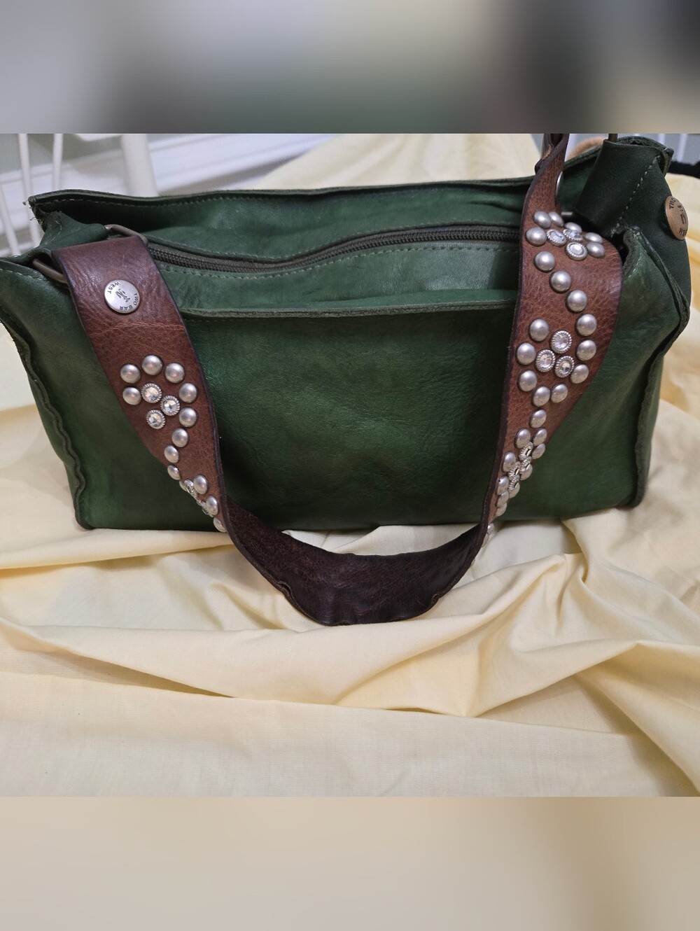 Two Bar West Y2K Green Soft Leather Tan Studded Shoulder Strap Bag
